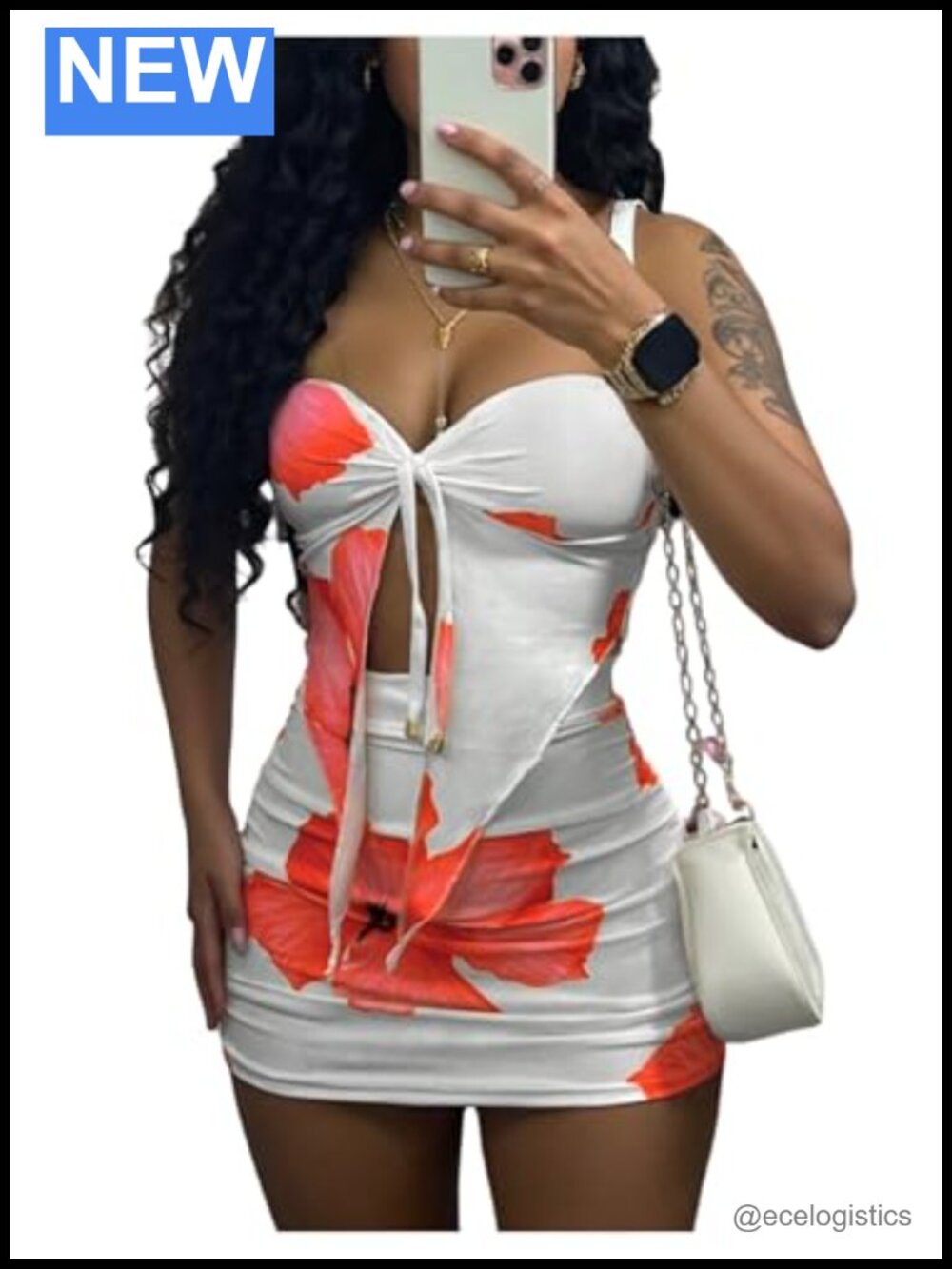 2 Piece Floral Skirt Set Strapless Bandeau Top & High Waist Bodycon Mini Skirt